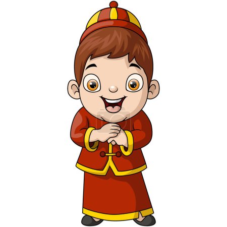 Téléchargez les photos : Illustration vectorielle de Mignon petit garçon dessin animé portant costume chinois - en image libre de droit