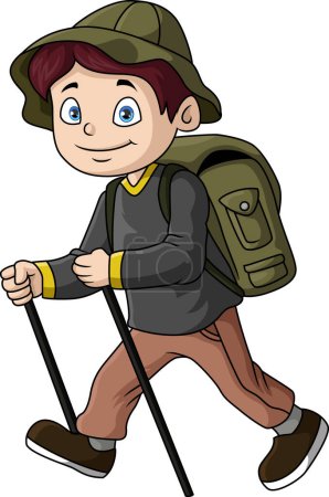 Téléchargez les photos : Illustration vectorielle de dessin animé garçon voyageur mignon avec bâton de marche - en image libre de droit