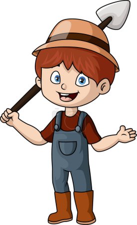Téléchargez les photos : Illustration vectorielle de dessin animé garçon jardinier mignon avec pelle - en image libre de droit