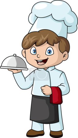 Téléchargez les photos : Illustration vectorielle de dessin animé de garçon chef mignon tenant un plateau d'argent - en image libre de droit