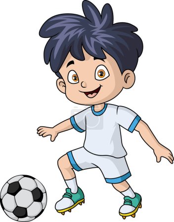 Téléchargez les photos : Illustration vectorielle de Mignon petit garçon dessin animé jouant au football - en image libre de droit