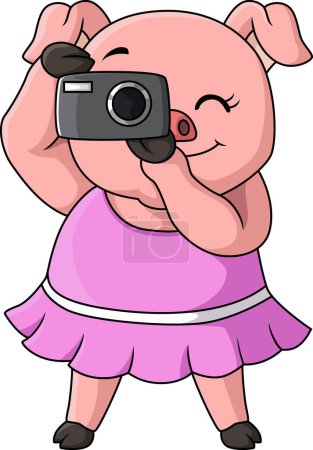 Téléchargez les photos : Illustration vectorielle de dessin animé cochon mignon avec caméra sur fond blanc - en image libre de droit