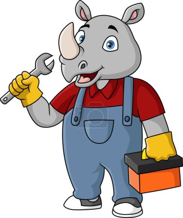 Téléchargez les photos : Illustration vectorielle de Mignon rhinocéros plombier dessin animé avec clé - en image libre de droit