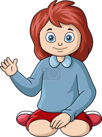 Téléchargez les photos : Illustration vectorielle de Mignonne petite fille dessin animé assis et agitant la main - en image libre de droit