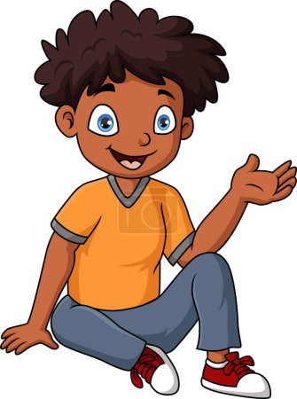 Téléchargez les photos : Illustration vectorielle de Mignon petit garçon dessin animé assis et agitant la main - en image libre de droit