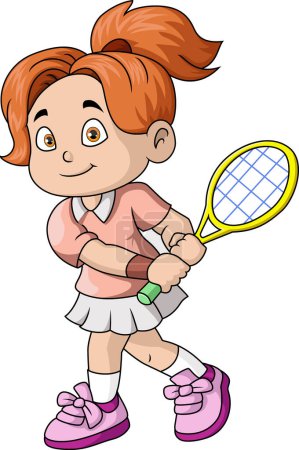 Téléchargez les photos : Illustration vectorielle de Mignonne petite fille dessin animé jouant au tennis - en image libre de droit