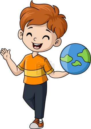 Téléchargez les photos : Illustration vectorielle de Mignon petit garçon dessin animé tenant un globe - en image libre de droit