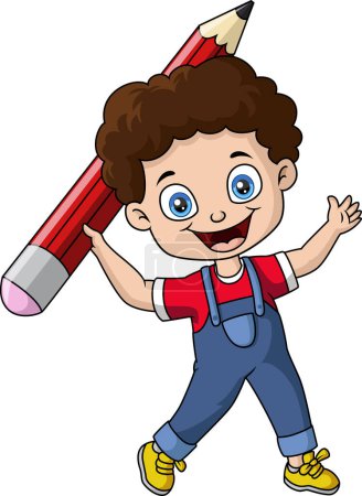 Téléchargez les photos : Illustration vectorielle de Mignon petit garçon dessin animé tenant un grand crayon - en image libre de droit