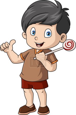 Téléchargez les photos : Illustration vectorielle de Mignon petit garçon dessin animé tenant bonbons - en image libre de droit