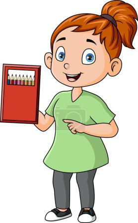 Téléchargez les photos : Illustration vectorielle de Mignonne petite fille dessin animé tenant des boîtes de crayons - en image libre de droit