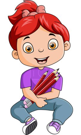 Téléchargez les photos : Illustration vectorielle de Mignonne petite fille dessin animé tenant un crayon - en image libre de droit