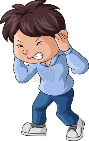 Téléchargez les photos : Illustration vectorielle de Mignon petit garçon dessin animé couvrant ses oreilles de bruyant son fort - en image libre de droit