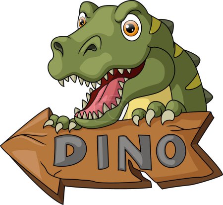 Téléchargez les photos : Illustration vectorielle du dessin animé mignon dinosaure avec planche en bois - en image libre de droit