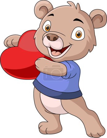 Téléchargez les photos : Illustration vectorielle de Mignon petit ours dessin animé tenant coeur rouge - en image libre de droit