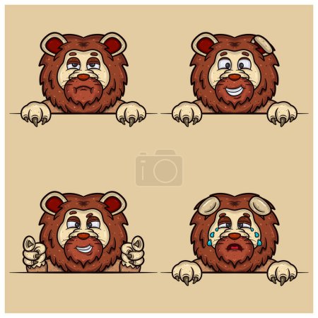 Set Of Expression Lion Face Cartoon. Bored, Crying, Smug and Happy Face Expression. With Simple Gradient.