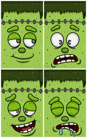 Illustration for Hopeful, Disbelieving, High And  Sleepy Expression of Frankenstein Face Character Cartoon. Wallpaper, Cover, Label and Packaging Design Set. - Royalty Free Image