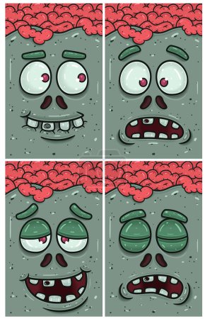 Illustration for Hopeful, Disbelieving, High And  Sleepy Expression of Zombie Face Character Cartoon. Wallpaper, Cover, Label and Packaging Design Set. - Royalty Free Image