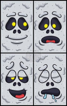 Illustration for White Ghost Face Expression Character Cartoon. Hopeful, Disbelieving, High And  Sleepy Expression. Wallpaper, Cover, Label and Packaging Design Set. - Royalty Free Image