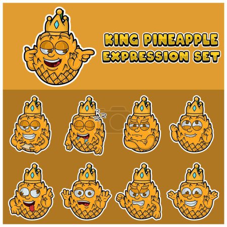 Cartoon Maskottchen von Ananas Charakter mit König und Ausdruck Set. 