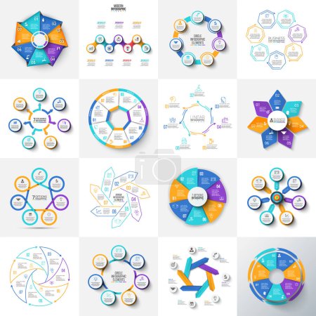 Ilustración de Big set of vector heptagons, circles and other elements for infographic with 7 options. - Imagen libre de derechos