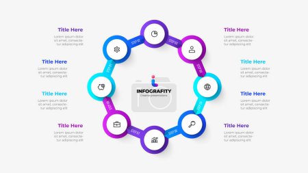 Illustration for Vector infographic. Cycle diagram with 8 options. Octagon with circles connected by arrows. - Royalty Free Image