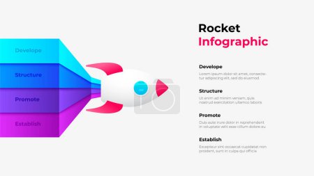 Illustration for Concept of 4 steps to start work project. Infographic design template. Rocket illustration. - Royalty Free Image