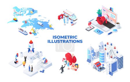 Illustration for Set of light isometric illustrations. Map, medical, smart city, startup, valentines day and online marketing. - Royalty Free Image