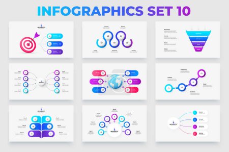 Téléchargez les illustrations : Set of infographic elements for business presentation and infographic. Flowcharts, funnel, target and timelines with 3, 4, 5, 6, 7 and 8 options. - en licence libre de droit