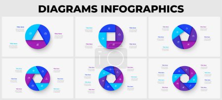 Illustration for Cycle diagram with 3, 4, 5, 6, 7 anf 8 options or steps. Slides for business presentation. Abstract infographics. - Royalty Free Image