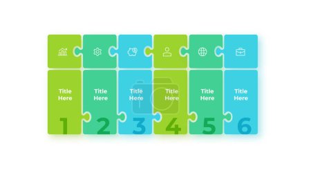 Téléchargez les illustrations : Six puzzles arranged in a row. Infographic elements. Timeline business development process. - en licence libre de droit