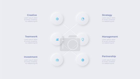 Ilustración de Six neumorphic circles. Concept of 6 options of business development process. Infographic elements. - Imagen libre de derechos
