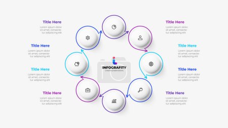 Illustration for Cycle diagram with 8 options or steps. Infographic template. Eight white circles with thin lines. - Royalty Free Image