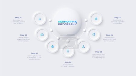Neumorphic infographic design template. Flowchart diagram with 7 options.