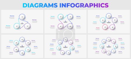 Illustration for Set of cycle diagrams with 3, 4, 5, 6, 7 anf 8 options or steps. Slides for business presentation. Abstract infographics. - Royalty Free Image