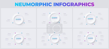 Set of round diagrams divided into 3, 4, 5, 6, 7 and 8 segments. Neumorphic infographics.