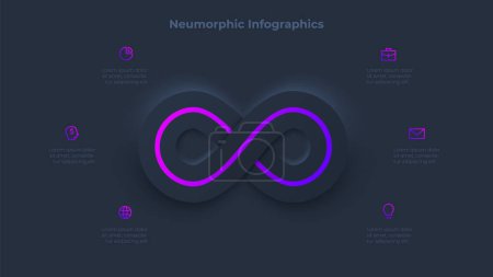 Ilustración de Infografía de infinito neumorfo oscuro. Visualización de datos de negocio con 6 pasos. Concepto de proceso de desarrollo. - Imagen libre de derechos