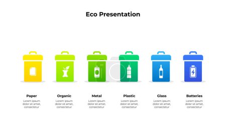 Ilustración de Clasificando basura. Concepto de ecología y reciclaje. Cubos de basura. - Imagen libre de derechos