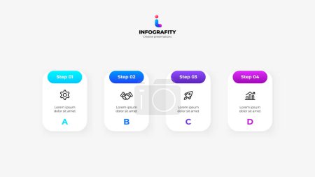 Illustration for Four rounded banners in horizontal row for infographic and presentation. Concept of 4 steps of business development process. - Royalty Free Image