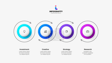 Illustration for Four circles arranged in a row with thin line arrows. Infographic design template with 4 steps. - Royalty Free Image