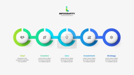 Illustration for Horizontal progress diagram with 5 circles. Concept of five steps of business timeline. Creative infographic design template. - Royalty Free Image