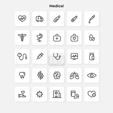 Téléchargez les illustrations : Collection d'icônes de ligne médicale. Décrivez la médecine et les soins de santé. - en licence libre de droit