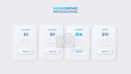 Neumorphism price table concept. Pricing or subscription plan ui web elements.
