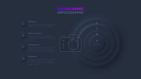 Illustration for Four circle elements with letters. Concept of layers business model. Creative infographic presentation. Dark neumorphic illustration with 4 steps. - Royalty Free Image