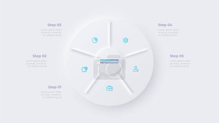 Illustration for Circle diagram divided into 5 sectors. Design concept of five steps or parts of business cycle. Neumorphic infographic design template. Business data visualization. - Royalty Free Image