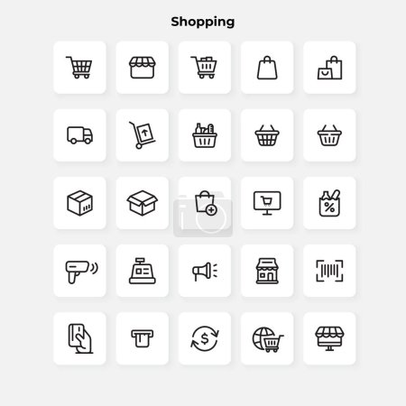 Ilustración de Tienda y colección de iconos de línea de comercio electrónico. Paquete de iconos de contorno delgado. - Imagen libre de derechos