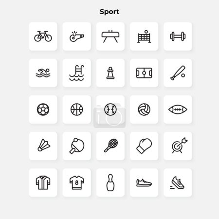 Téléchargez les illustrations : Collection d'icônes de la ligne Sport. Pack d'icônes de contour mince. - en licence libre de droit