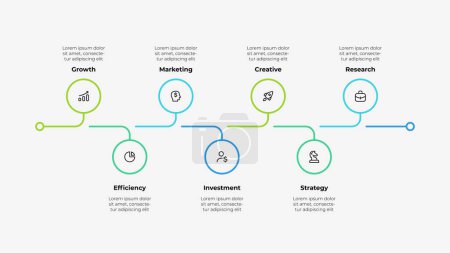 Illustration for Horizontal timeline infographic from thin lines. Concept of 7 options of marketing process. - Royalty Free Image
