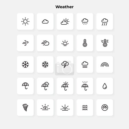 Téléchargez les illustrations : Icônes de ligne météo réglées. Soleil, pluie, orage, vent, nuages de neige et autres éléments. - en licence libre de droit