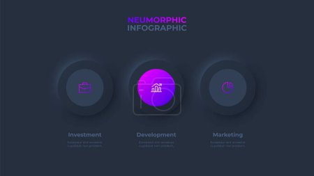 Illustration for Dark neumorphic infographic timeline design template. Business data visualization with 3 options. Concept of development process. - Royalty Free Image