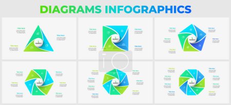Illustration for Set of geometric elements divided into 3, 4, 5, 6, 7 and 8 options. Templates of cycle infographics. - Royalty Free Image